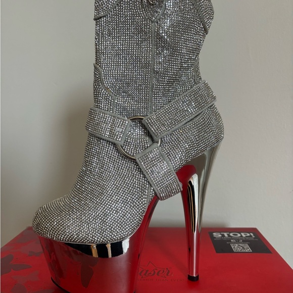 Pleaser Silver Rhinestone Platform Heeled Ankle Boots - Picture 5 of 6